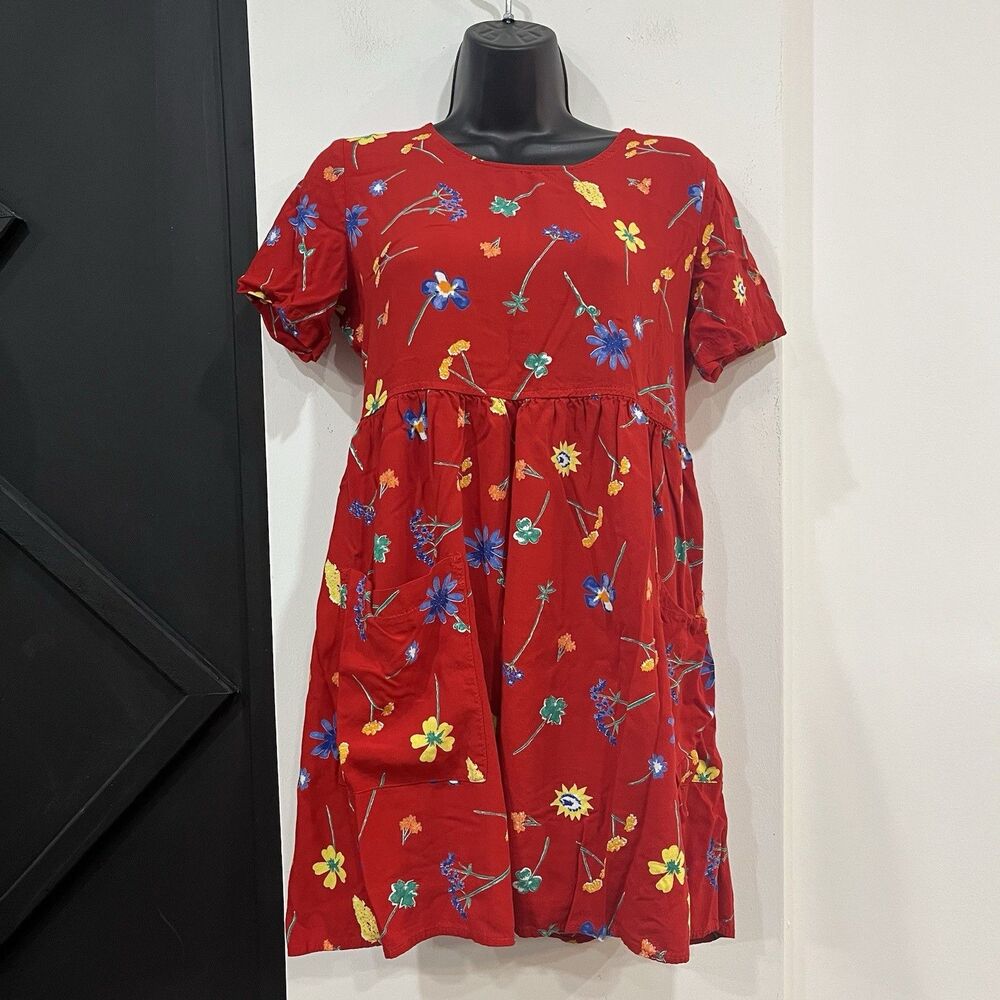 Vintage Red Floral Dressing Clio Dress Petite Medium Pockets Cottage Kidcore